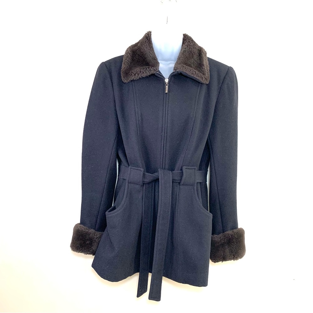 Jason Kole Pea Coat Zip-up Black with Brown Faux Fur Collar and Cuffs